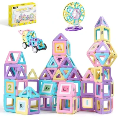 Image of ECHOCUBE Magnetic Building Blocks, 120 PCS Construction Tiles Set for Kids, Educational Magnet Toys Christmas Birthday Gift 3+ Years Old Boys and Girls