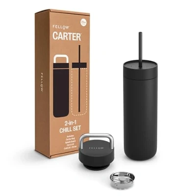 Image of Fellow 20 oz Carter Water Bottle with 2 Lids Leak Proof Lid Metal Handle Cold Straw Ceramic Interior &amp; Vacuum Insulated Stainless Steel Matte Black