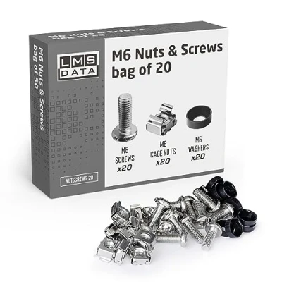 Image of LMS Data M6 Cage Nuts Screws and Washers Set Assortment Bolts Kit for Rack Mount Cabinets, Server Shelves Fixing Installation (Nickle, 20)
