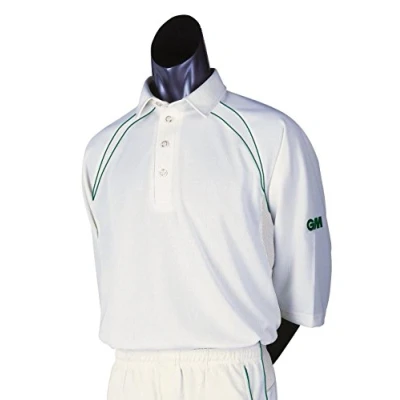 Image of Gunn &amp; Moore Men&#039;s Teknik Club Short Sleeve Cricket Shirt Cream/Green, Small