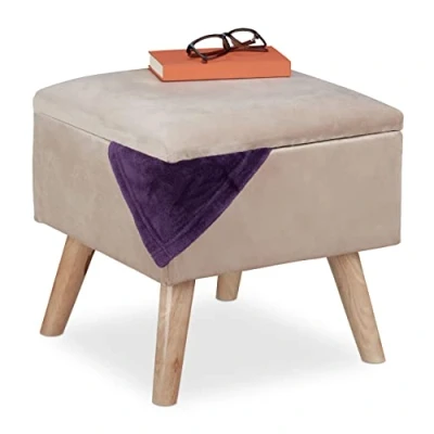 Image of Relaxdays Velvet Stool with Storage Space, Upholstered, Angular, Wooden Legs, for Living Room, HxWxD: 40x40x40 cm, Cream