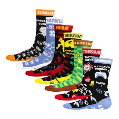 Image of Soxy Gamer Mens Socks 7 Pack Days of the Week Gaming Novelty Design Cotton Rich Available in Men&#039;s UK 6 11 and Kids&#039; 9 12, 12 3, 4