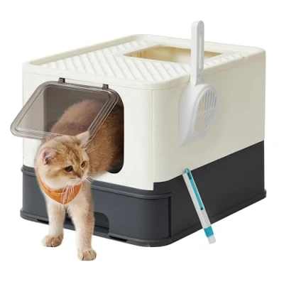 Image of Feandrea Hidden Cat Litter Box, Tray with Hood, Slide Out Tray, Scoop, Brush, Spacious for Large Cats, Max. Load 15 kg, Anti Tracking, Leaking, Beige and Black PPT001W01