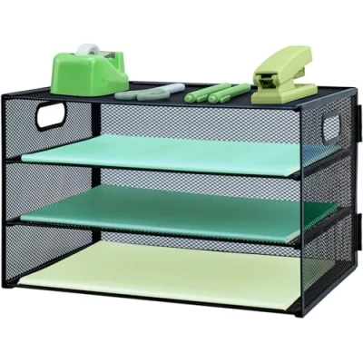 Image of Paper Letter Tray with Handle, 3 Tier Metal Mesh Desk File Organizer, A4 Desktop Filing Trays, Tidy Magazine Document Holder for Home Office, Black