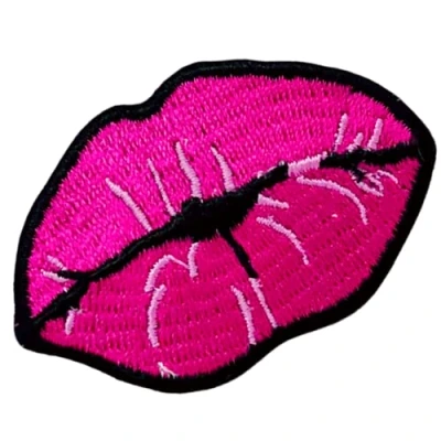 Image of Lip Patch Kiss Iron Sew On Embroidered Applique Hot Pink