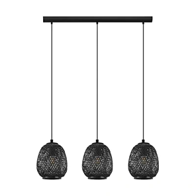 Image of EGLO Dembleby 1 Pendant Light, 3 Bulb Lamp, Vintage, Natural, Hygge, Hanging Wooden Basket, Dining Table Living Room in Black, Steel, E27 Socket
