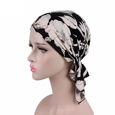 Image of Samidy Women Cotton Bandana Scarf Pre Tied Chemo Hat Beanie Turban Headwear For Cancer Patients Ladies Turbante (Black)