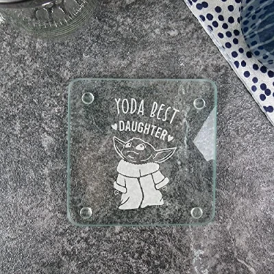 Image of eBuyGB Personalised Square Glass Coaster, Engraved Baby Yoda Star Wars Themed Drinks Mat, Funny Gifts for Daughter from Mum &amp; Dad (Yoda Best Daughter)