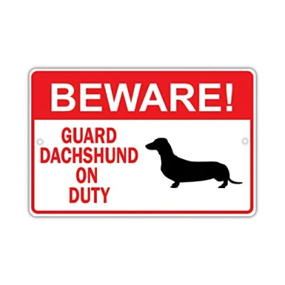 Image of Beware! Guard Dachshund Dog On Duty Owner Metal Poster Wall Art Decor Tin Sign 8X12 Inches