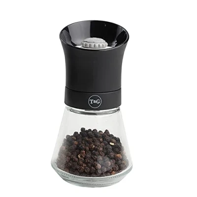 Image of T&amp;G 11090 CrushGrind Tip Top Pepper / Peppercorn Mill with Glass Base, 12.5 cm, Black Gourmet Fully Adjustable Ceramic Manual Grinder Shaker Coarse &amp; Fine Easy Fill
