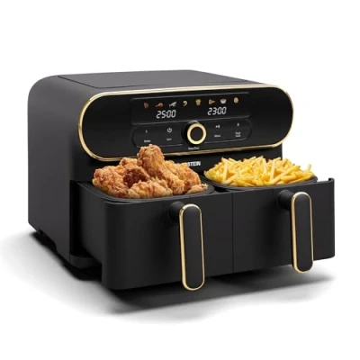 Image of Klarstein AuraAir Colour Touch Dual Air fryer 11L, 2 Drawer Fryer, 1700W, Display, 8 Programs, Non Stick, Overheat Protection, Auto Switch Off, Less Fat, Black/Gold