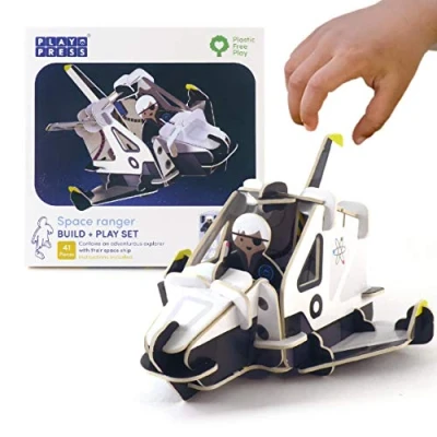 Image of PLAYPRESS Spaceship and Space Ranger Astronaut Toy Set Pop out Playset Eco Friendly Building Toys Easy Storage Construction for Ages 4+