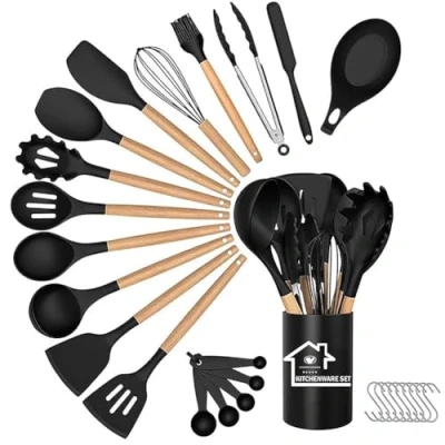 Image of 29 Piece Household Silicone kitchenware Set, Spatula, Scraper, Wooden Handle Set (Black)