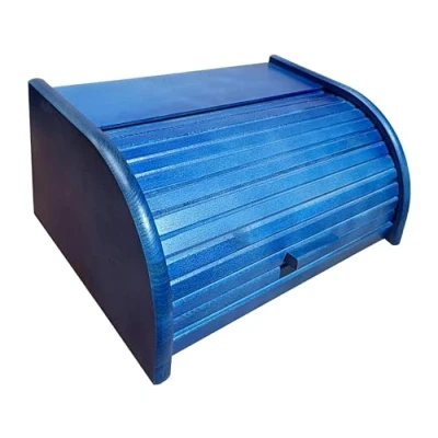 Image of Wooden Bread Bin with Sliding Lid, Dense Wood, Blue, Small