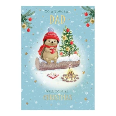 Image of Dad Christmas Card Special Hedgehog, Tree and Campfire Design Finish Made in the UK Eco Friendly