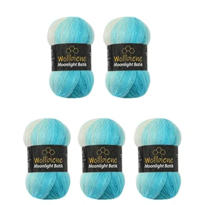 Image of Wollbiene Moonlight Batik 5 x 100 g Knitting Wool 500 for and Crocheting 20% Turkish Colour Gradient (5200 Petrol Turquoise White)
