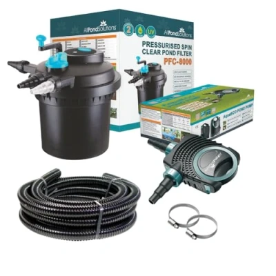 Image of AllPondSolutions Pressurised Koi Fish Pond Filter Complete KIT with Pump and UV Steriliser Light All in one Ponds Up to 8000 litres PFC Black