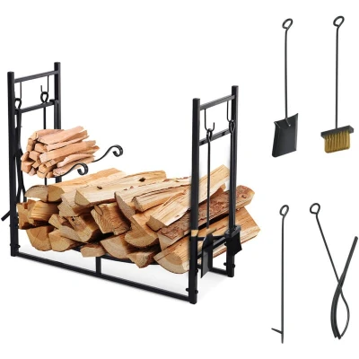 Image of Outsunny Metal Firewood Log Holder Indoor Outdoor Rack Fireplace 2 Tier Wood Storage Shelf with 4 Tools, Hooks, Scrolls, Black, 84W x 33D 76H cm