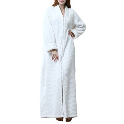 Image of Kinloy Ladies Fleece Full Length Dressing Gowns Winter Zip Front Bath Robe Comfy Fluffy Cosy Warm Waffle Housecoat White XL 14 20 UK