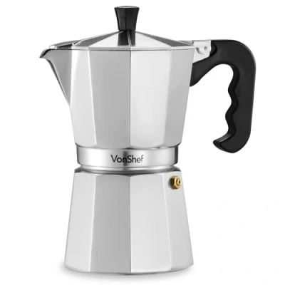 Image of VonShef Stovetop Coffee Maker, 6 Cup Aluminium Italian Espresso 300ml Gas &amp; Electric Stove Top Moka Pot with Replacement Gasket Filter