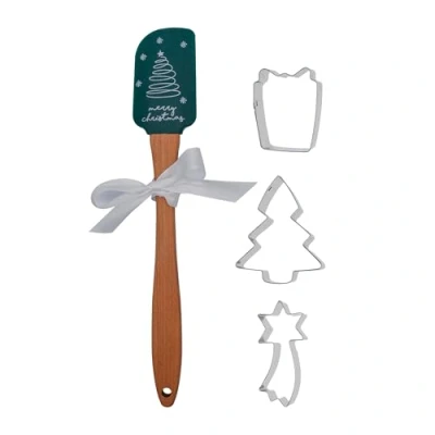Image of Zenker Christmas Baking Set, Silicone Spatula &amp; 3 Cookie Cutters, Gift, Xmas Tree Star, Non Stick with Motif, Stainless Steel Green Silver Cutters