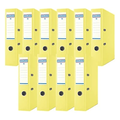 Image of DONAU Premium Folder, Wide Pack of 10, DIN A4, 7.5 cm, 10 Pieces, Yellow, Plastic Cover PP/Carton Paper, Slotted Office Lever Arch Ring Binder, Green Dot