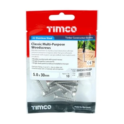 Image of 7x TIMCO Classic Multi Purpose Screws Pz Double Countersunk Stainless Steel 50030CHSSP Pack of 10