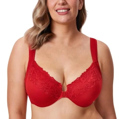 Image of Delimira Women&#039;s Front Fastening Bras Unlined Lace Plus Size Support Underwire Lipstick Red 42DD