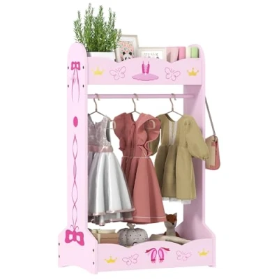 Image of AIYAPLAY Kids Clothes Rail, Dress Up Rail with Top and Bottom Storage Shelves, for Bedroom, Room, Nursery, 70 x 37 103cm, Pink