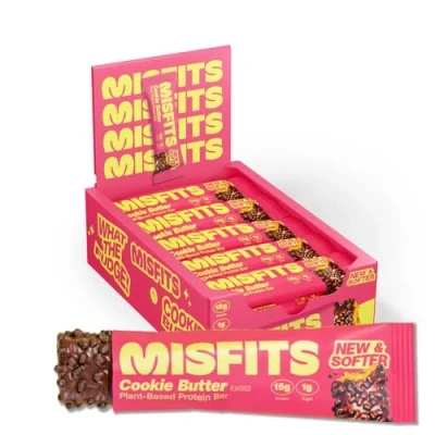 Image of Misfits Vegan Protein Bars, Cookie Butter Updated Recipe Low Sugar &amp; Carb, High Fibre Snacks Pack of 15