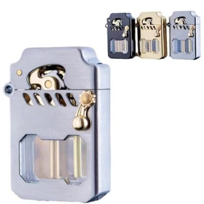 Image of Mecha metal rocker lighter, retro transparent oil tank kerosene windproof suitable for barbecue, candles, outdoor, camping, best gift men(Silver)