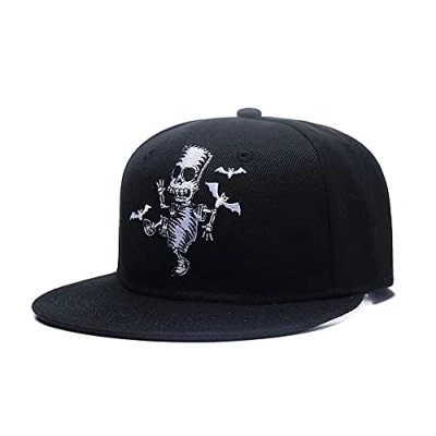 Image of Quanhaigou Skull Skeleton Baseball Cap, Men Solid Flat Bill Adjustable Snapback Hats Unisex, Black, One Size