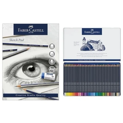 Image of Faber Castell Goldfaber, Colour Pencil Set, Tin Of 36 &amp; Sketch Pad, A4, Gummed Paper Pad 100 GSM, 50 Sheets