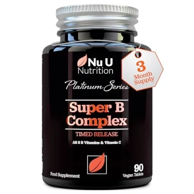 Image of Super Vitamin B Complex High Absorption Methylated Vitamins 90 Timed Release Vegan Tablets 3 Month Supply All 8 B1, B2, B3, B5, B6, B8, B9 &amp; B12 Nu U Nutrition