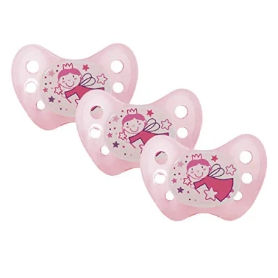 Image of Dentistar® Night Silicone Soother Set of 3 Size for 14+ Months with Dental Step Pink Fairy Motif Glow in The Dark BPA Free Baby Accessories Made Germany
