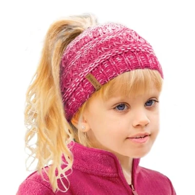 Image of TOSKATOK Girl&#039;s Thermal Teddy Fleece Lined Ponytail Beanie Hat Cerise/Pink/Cream