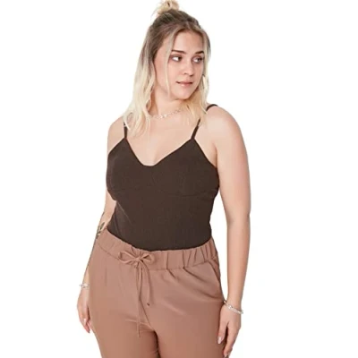 Image of Trendyol Women&#039;s Woman Slim Sweetheart Knit Plus Size Bodysuit Shirt, Dark Brown, 4XL UK