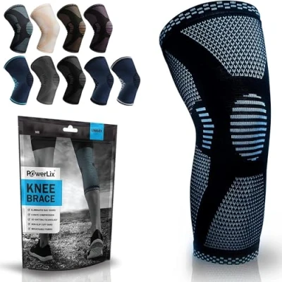 Image of POWERLIX Knee Support for Women/Men, Brace Compression Sleeve Arthritis, Joint Pain, Ligament Injury, Meniscus Tear, ACL, MCL, Tendonitis, Squats, Sports, Light Blue, Large