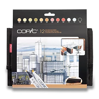Image of COPIC Classic Coloured Marker Pen Wallet Set of 12 Architecture, for Art &amp; Crafts, Colouring, Graphics, Highlighter, Design, Anime, Professional Beginners, Supplies Colouring Books