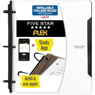 Image of Five Star Flex Refillable Notebook + Study App, College Ruled Paper, 1 Inch TechLock Rings, Pockets, Tabs and Dividers, 200 Sheet Capacity, White (29328AE2)