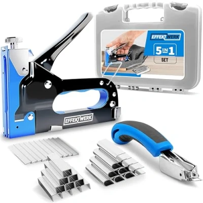 Image of Effektwerk 5 in 1 Staple Gun Set, Heavy Duty Stapler w/ 1500 Staples &amp; Remover for Wood, Fabric, Carpet Wire Mesh, Hand Tacker w/Power Adjustment Construction, Crafts Upholstery Work