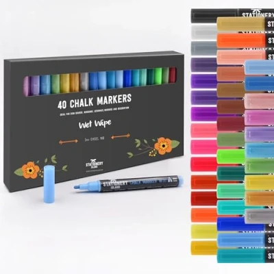 Image of STATIONERY ISLAND Chalk pens for blackboard, Liquid Markers Chalkboard and Glass, Wipeable Window Drawing,40 Colours