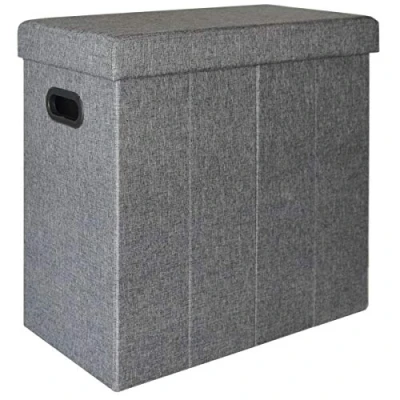 Image of DuneDesign folding Hamper Linen Basket 70L Laundry Bin ottoman rectangular pouf to sit upholstered lid storage compartment Grey
