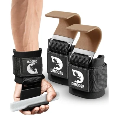 Image of DMoose Weight Lifting Hooks (Pair), Hand Grip Support Wrist Straps for Men and Women, 8 mm Thick Padded Neoprene, Deadlift, Powerlifting, Pull up bar, Liftups, Shrugs (Brown (Flat Hook))