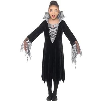 Image of Smiffys Spider Vampire Costume, Black &amp; Silver with Dress Attached Collar, Halloween Child Fancy Dress, Up Costumes
