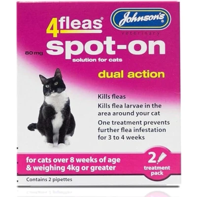 Image of JOHNSONS 4FLEAS CAT DUEL ACTION SPOT ON +8 WEEKS ABOVE 4KG WEIGHT (X1 PACK)
