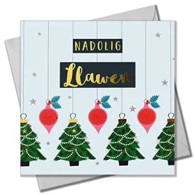 Image of Welsh Christmas Card, Trees and Baubles, text foiled in shiny gold