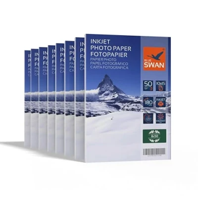 Image of BLUE SWAN 10x15 Glossy Inkjet Photo Paper, 180gsm, Single Sided Coating, Quick Dry, Water Resistant, Scratch High Color Brightness, 400 Sheets (8 Packs of 50)