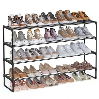 Image of SONGMICS Shoe Rack 4 Tier Metal Storage Organizer Upright or Inverted for 25 30 Pairs of Shoes Stackable Hallway x 117 75 cm Black LSA034B01