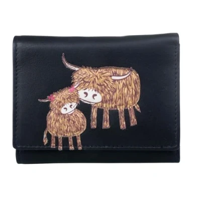 Image of Mala Leather Soft Highland Cow Mother &amp; Daughter Ladies Small Trifold RFID Purse (Black)